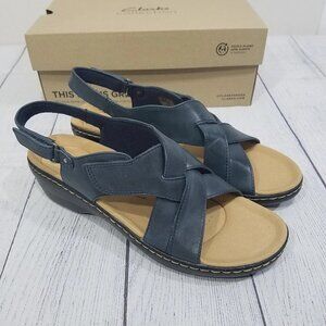 Clarks Merliah Echo Wedge Sandals Womens Size 11 Navy Leather